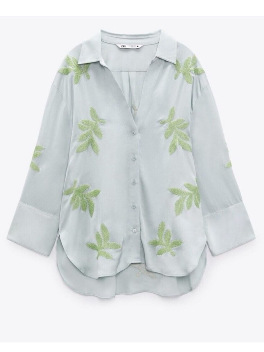 Zara Pale Blue Satin Button-Down Shirt with Green Leaf Embroidery